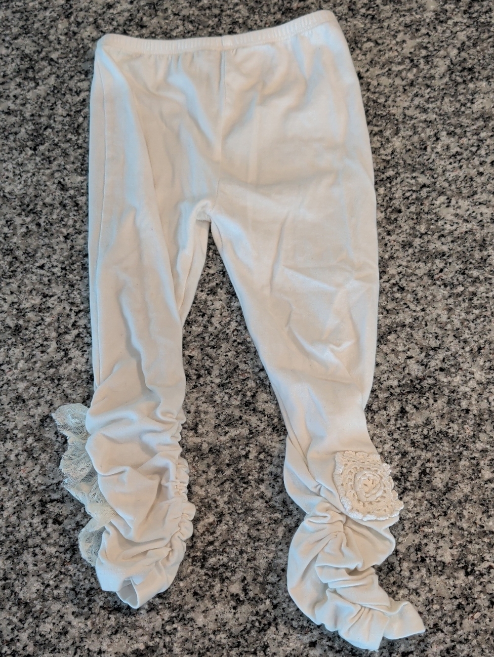 Girls White Ruffle Hem Leggings with Lace Rosette